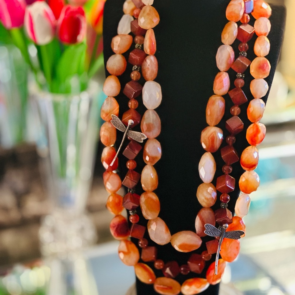 One-of-a-Kind Incredible Semi-Precious Carnelian Agate Beaded Dragonfly Necklace